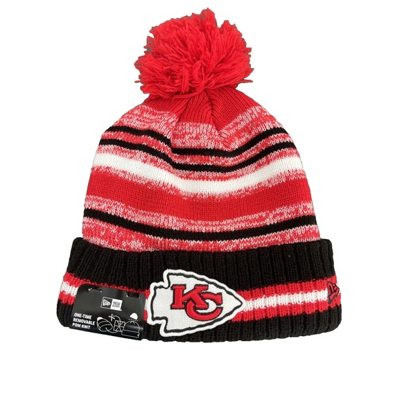 Kansas City Chiefs Knit Winter Hat Beanie New Era Removable‎ Pom Red Striped NWT - Picture 1 of 5